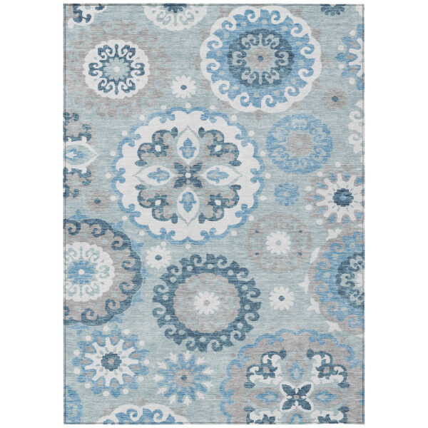 10' X 14' Sky Blue And Denim Blue Floral Medallion Washable Indoor Outdoor Area Rug