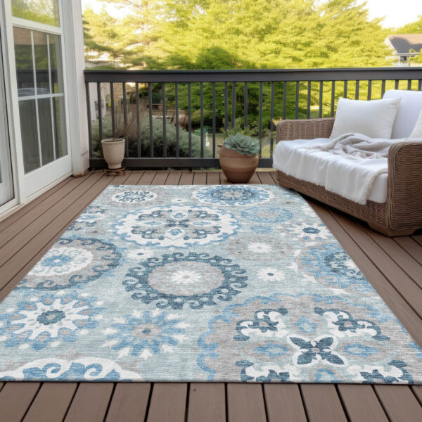 10' X 14' Sky Blue And Denim Blue Floral Medallion Washable Indoor Outdoor Area Rug