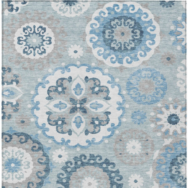 10' X 14' Sky Blue And Denim Blue Floral Medallion Washable Indoor Outdoor Area Rug
