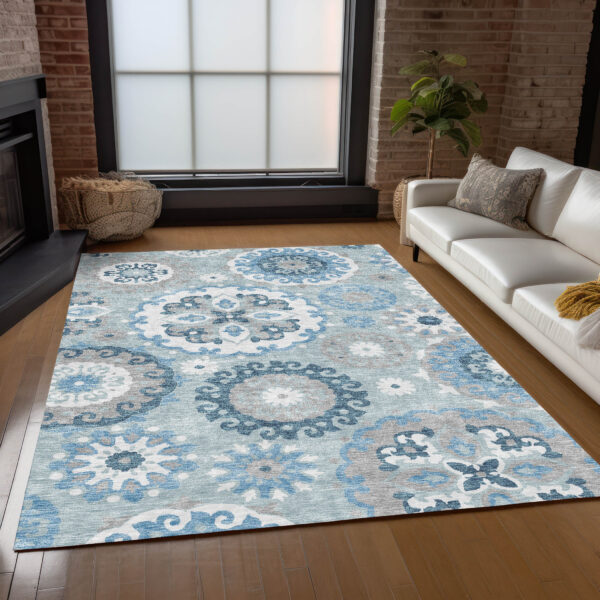 10' X 14' Sky Blue And Denim Blue Floral Medallion Washable Indoor Outdoor Area Rug