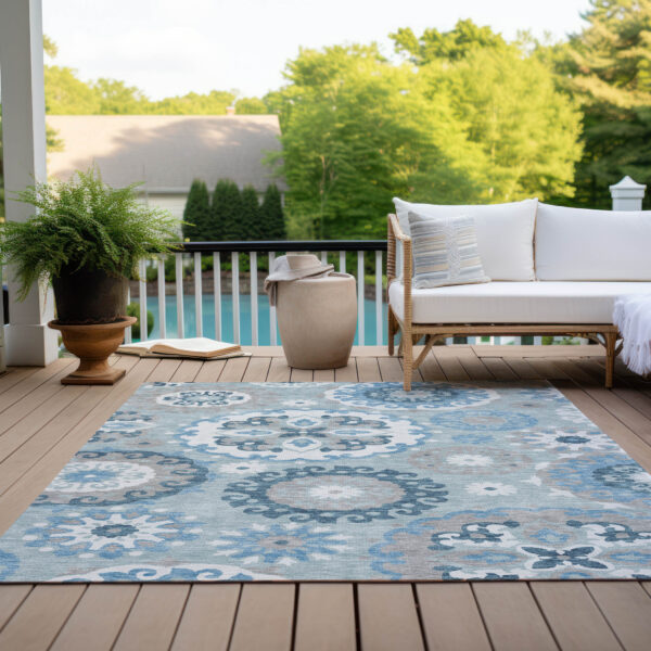 10' X 14' Sky Blue And Denim Blue Floral Medallion Washable Indoor Outdoor Area Rug