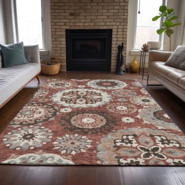 9' X 12' Orange Taupe And Gray Floral Medallion Washable Indoor Outdoor Area Rug
