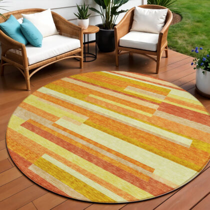 8' Orange Salmon And Lime Green Round Striped Washable Indoor Outdoor Area Rug