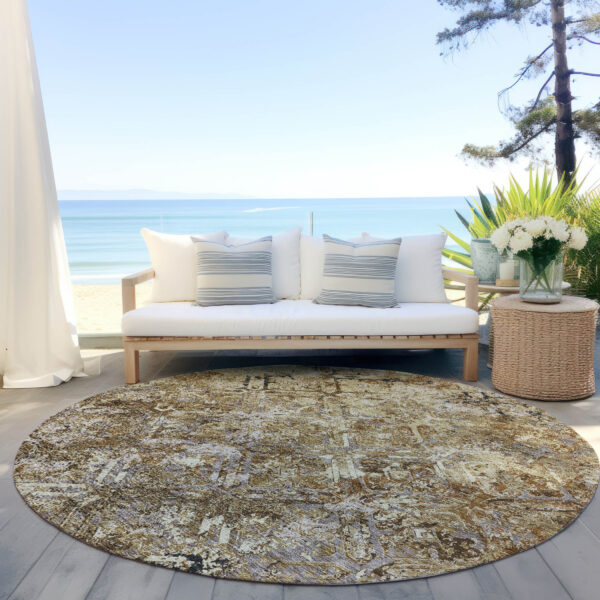 8' Beige Brown And Copper Round Geometric Washable Indoor Outdoor Area Rug