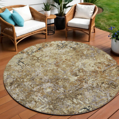 8' Beige Brown And Copper Round Geometric Washable Indoor Outdoor Area Rug