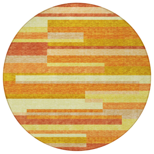 8' Orange Salmon And Lime Green Round Striped Washable Indoor Outdoor Area Rug