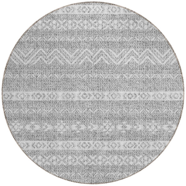 8' Gray And Silver Round Southwestern Washable Indoor Outdoor Area Rug