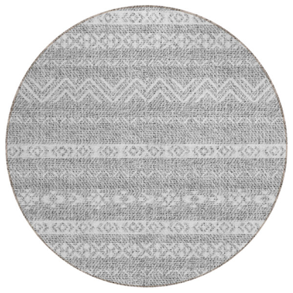 8' Gray And Silver Round Southwestern Washable Indoor Outdoor Area Rug