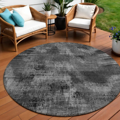 8' Gray Charcoal And Silver Round Abstract Washable Indoor Outdoor Area Rug