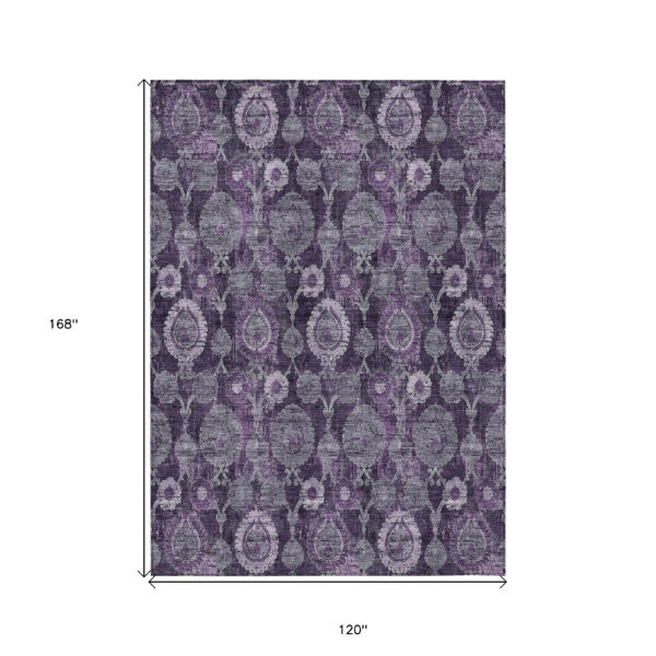 10' X 14' Eggplant Purple And Lavender Damask Washable Indoor Outdoor Area Rug