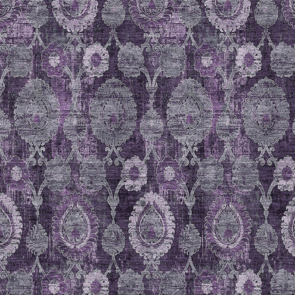 10' X 14' Eggplant Purple And Lavender Damask Washable Indoor Outdoor Area Rug