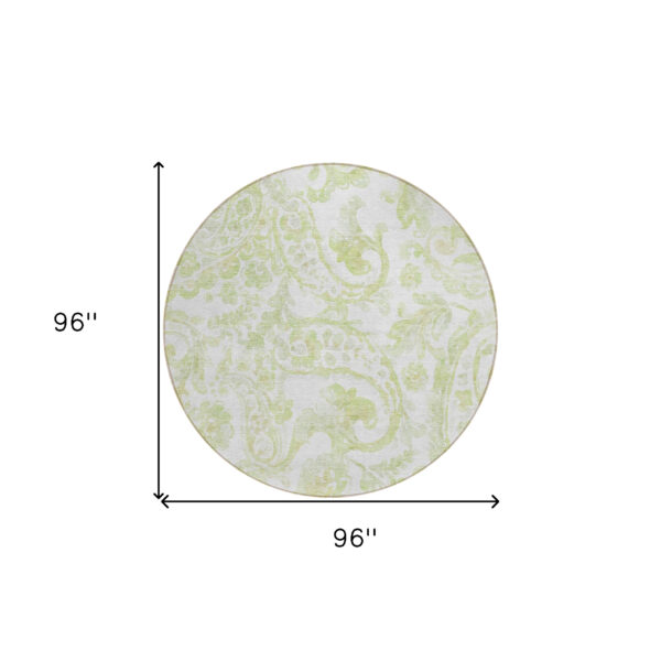 8' Sage Green And Ivory Round Paisley Washable Indoor Outdoor Area Rug