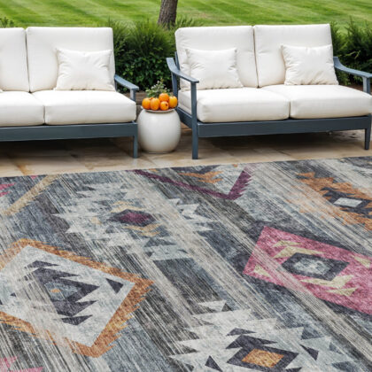 8' X 10' Gray Charcoal And Silver Southwestern Washable Indoor Outdoor Area Rug