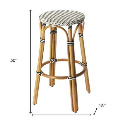 30" Natural Black and White Rattan Backless Bar Height Bar Chair