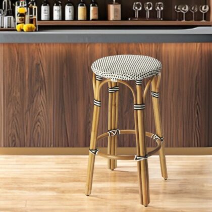 30" Natural Black and White Rattan Backless Bar Height Bar Chair