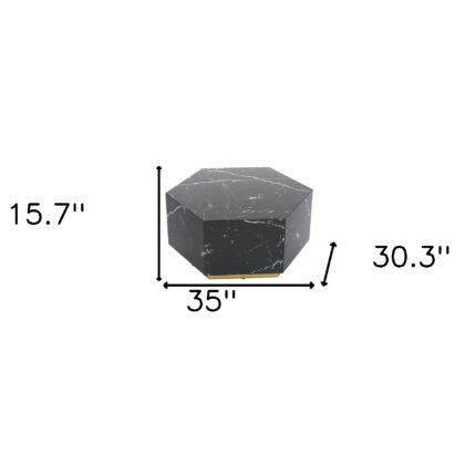 35" Black And Gold Faux Marble Hexagon Drum Coffee Table