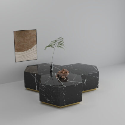 35" Black And Gold Faux Marble Hexagon Drum Coffee Table