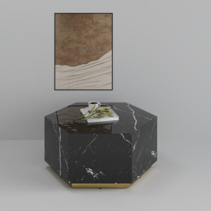 35" Black And Gold Faux Marble Hexagon Drum Coffee Table
