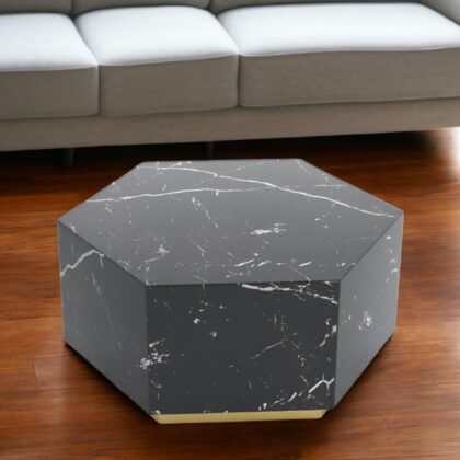 35" Black And Gold Faux Marble Hexagon Drum Coffee Table