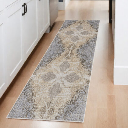 8' Gray and Brown Medallion Power Loom Distressed Runner Rug
