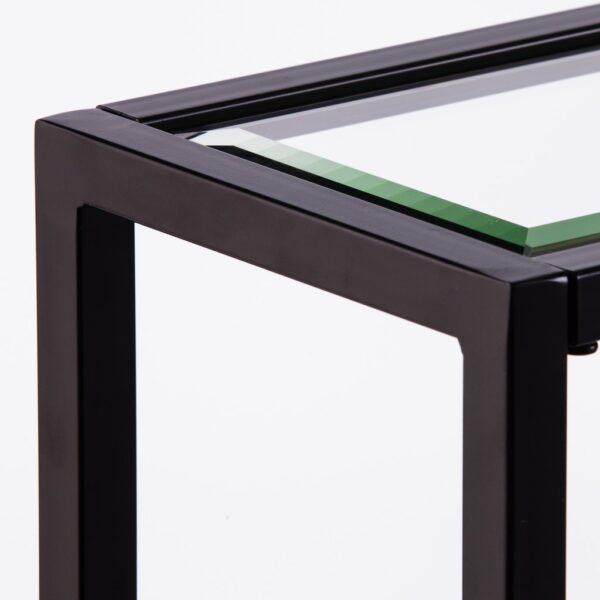 56" Clear and Black Glass Frame Console Table With Shelves