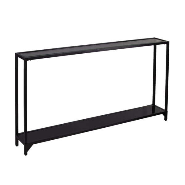 56" Clear and Black Glass Frame Console Table With Shelves