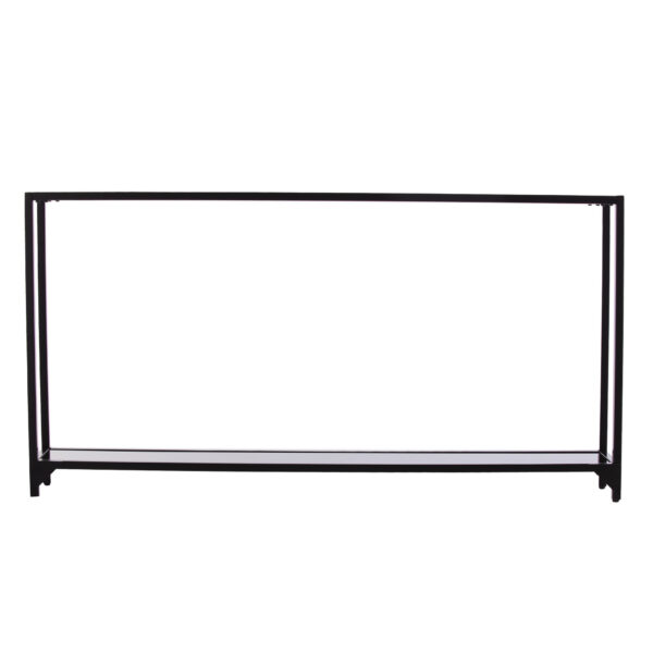 56" Clear and Black Glass Frame Console Table With Shelves
