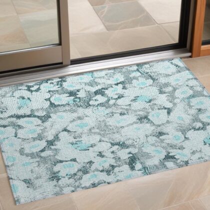 2' X 3' Teal Floral Washable Non Skid Indoor Outdoor Area Rug