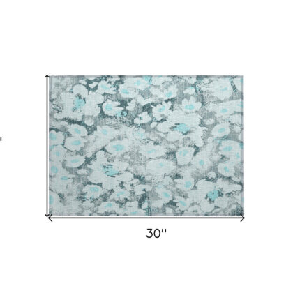 2' X 3' Teal Floral Washable Non Skid Indoor Outdoor Area Rug