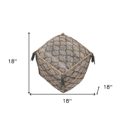 18" Natural Gray And Taupe Jute Cube Trellis Pouf Ottoman