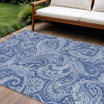 8' X 10' Navy Blue And Denim Blue Paisley Washable Indoor Outdoor Area Rug