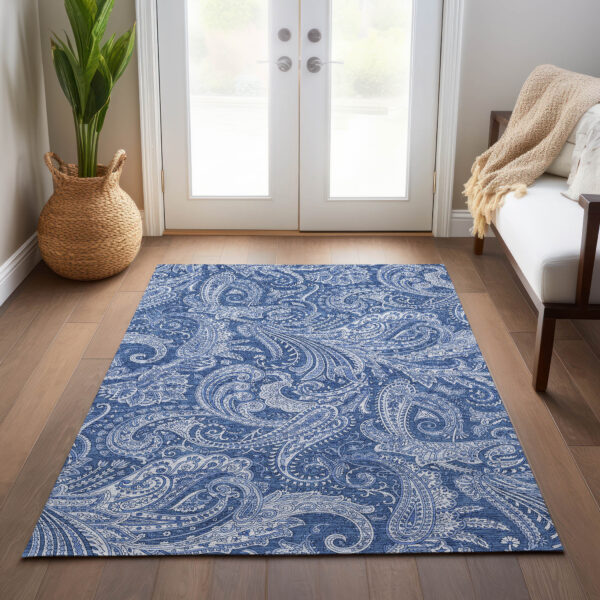 8' X 10' Navy Blue And Denim Blue Paisley Washable Indoor Outdoor Area Rug