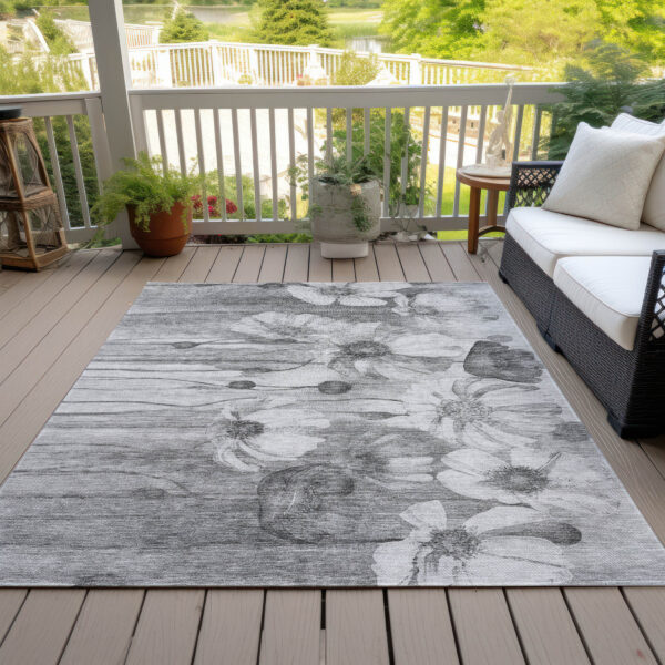 10' X 14' Gray Charcoal And Silver Floral Washable Indoor Outdoor Area Rug