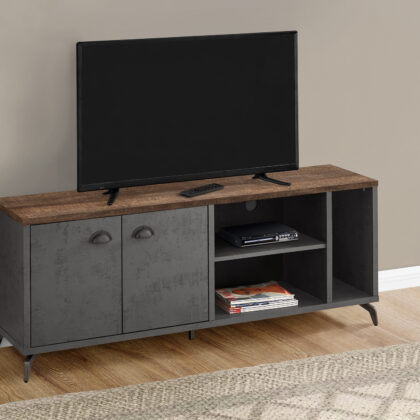 60" Brown And Gray Distressed Reclaimed Wood Enclosed and Open Storage TV Stand