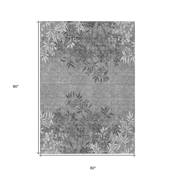 5' X 8' Gray Charcoal And Ivory Floral Washable Indoor Outdoor Area Rug