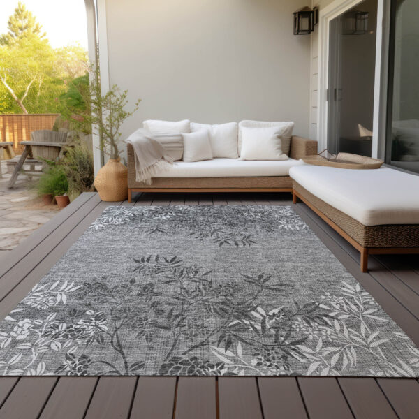 5' X 8' Gray Charcoal And Ivory Floral Washable Indoor Outdoor Area Rug