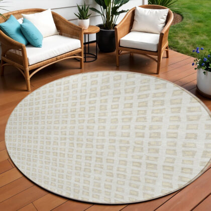 8' Ivory And Beige Round Geometric Washable Indoor Outdoor Area Rug
