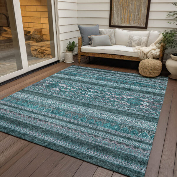 5' X 8' Teal Blue Ivory And Gray Southwestern Washable Indoor Outdoor Area Rug