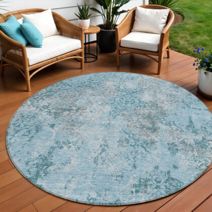 8' Teal Blue Aqua And Gray Round Floral Washable Indoor Outdoor Area Rug
