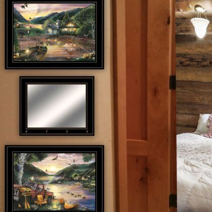 Set Of Three Lakefront Camping 2 Black Framed Print Wall Art with Mirror