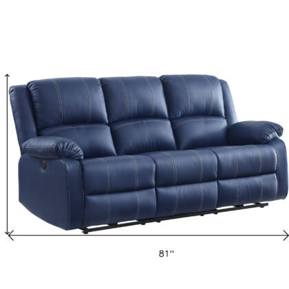 81" Blue Faux Leather Reclining USB Sofa With Black Legs