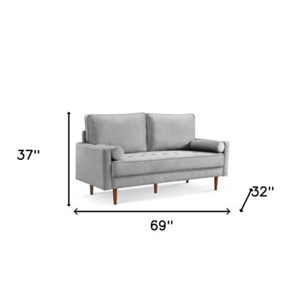 69" Gray Velvet and Dark Brown Sofa and Toss Pillows