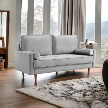 69" Gray Velvet and Dark Brown Sofa and Toss Pillows
