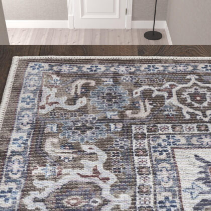 10' Green and Ivory Floral Power Loom Distressed Washable Runner Rug