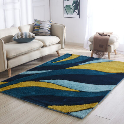 2' x 3' Blue and Yellow Shag Hand Tufted Area Rug