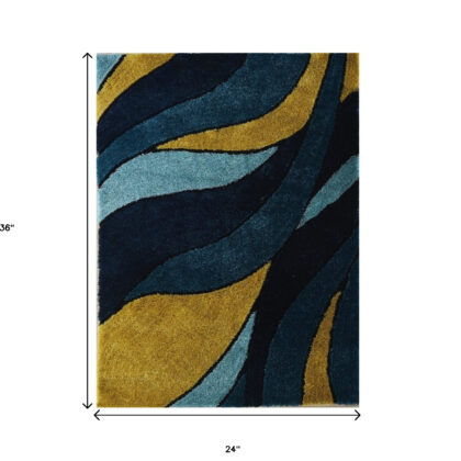2' x 3' Blue and Yellow Shag Hand Tufted Area Rug