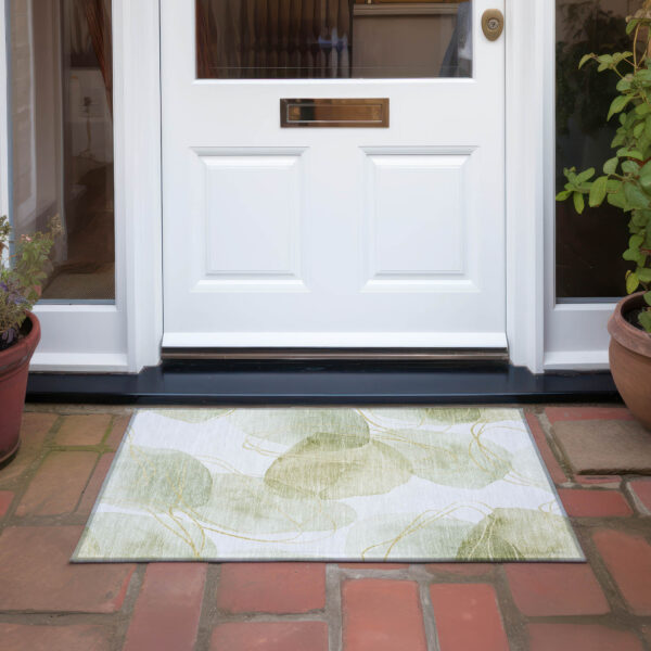 2' X 3' Green and Ivory Abstract Washable Non Skid Indoor Outdoor Area Rug
