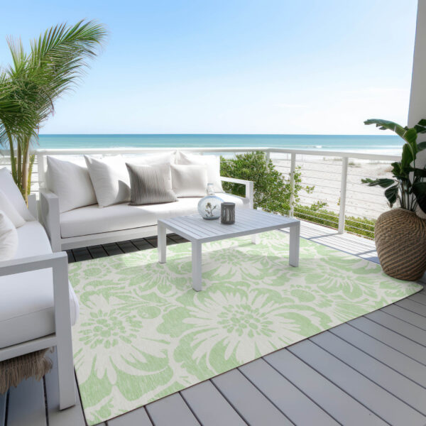 10' X 14' Mint Green and Ivory Floral Washable Non Skid Indoor Outdoor Area Rug