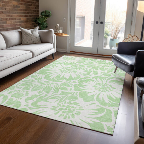 10' X 14' Mint Green and Ivory Floral Washable Non Skid Indoor Outdoor Area Rug