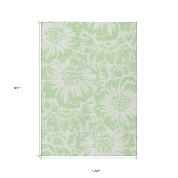 10' X 14' Mint Green and Ivory Floral Washable Non Skid Indoor Outdoor Area Rug